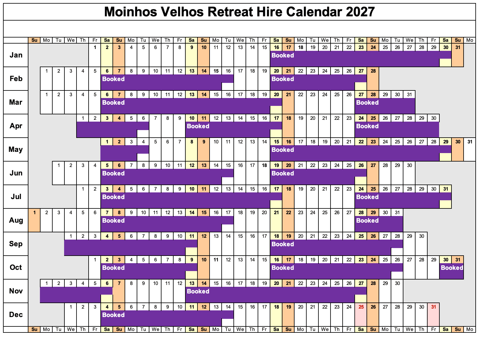 Moinhos Velhos hire availability calendar for 2027 — purple bands are booked