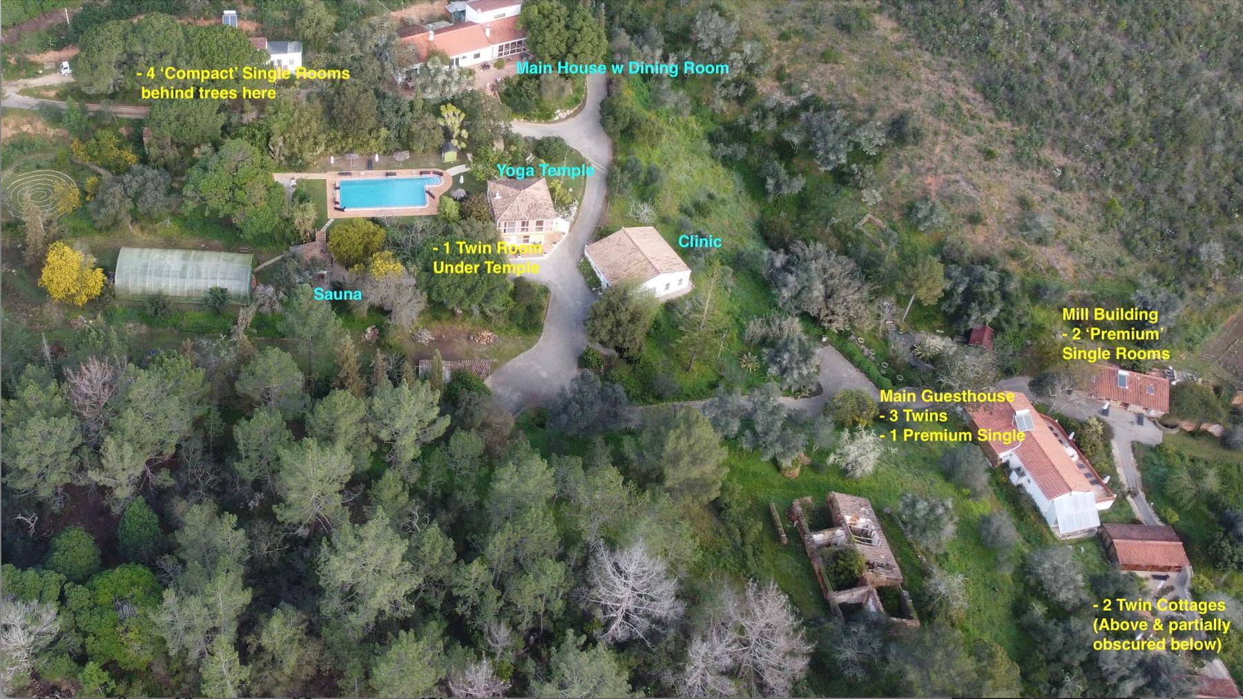 Annotated aerial map of the main Moinhos Velhos accommodation and facilities