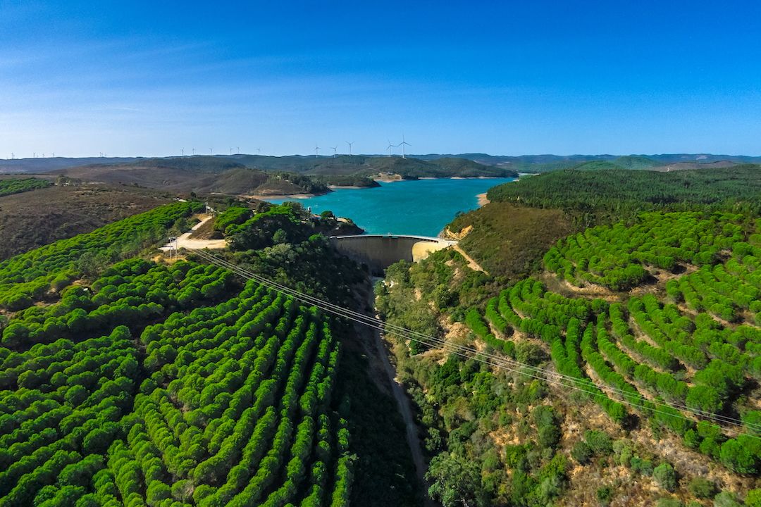 Aerial view of Moinhos Velhos — pool, gardens and buildings folded into the pines